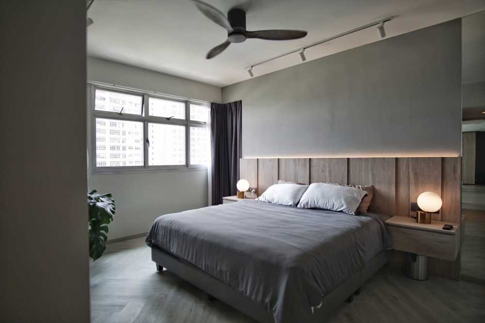 Minimalist Bedroom with Wood Flooring and Cove Lighting