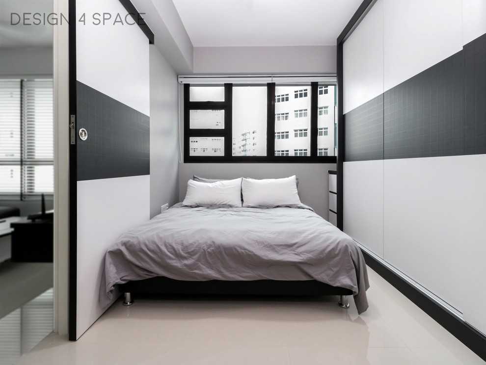 Contemporary Bedroom with Homogeneous Tiles and Wood Flooring