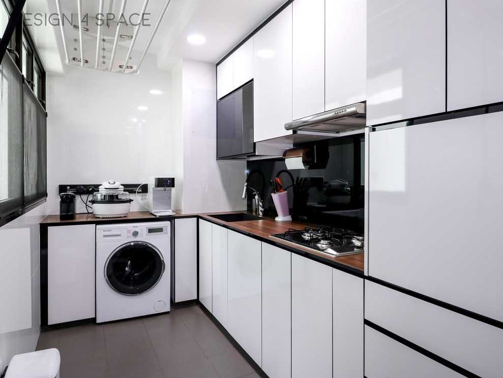 Contemporary Kitchen with Homogeneous Tiles and Wood Flooring