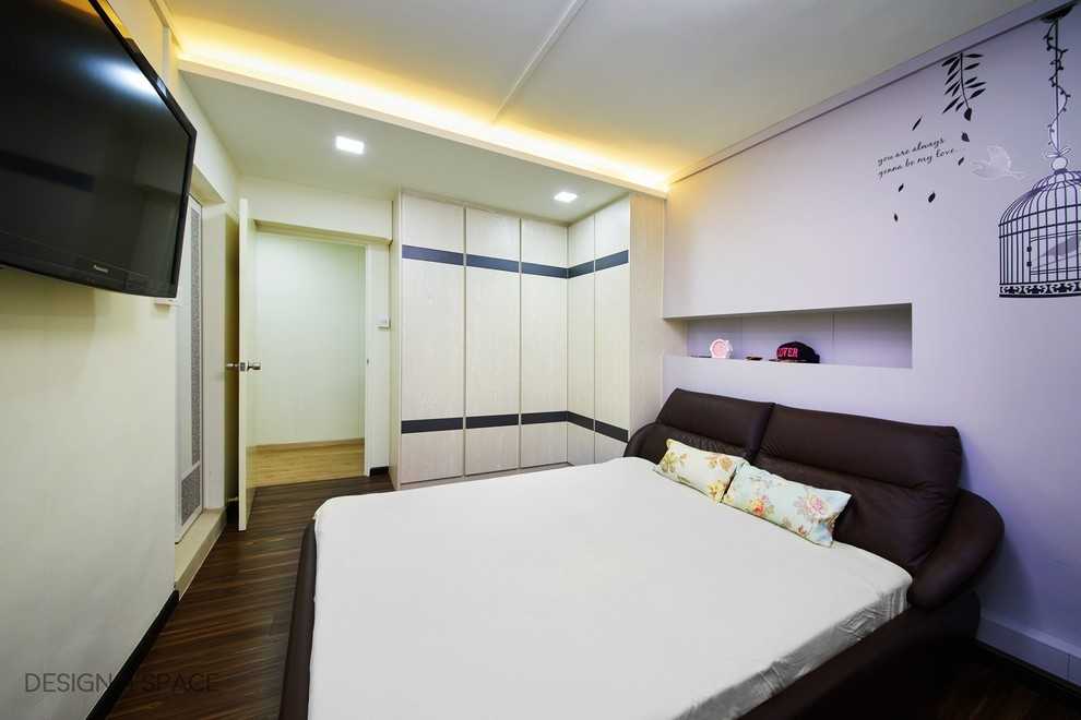 Scandinavian Bedroom with Cove Lighting and Drop Ceiling