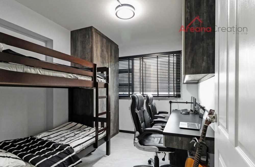Contemporary Bedroom with Herringbone Tiling and Wood Flooring