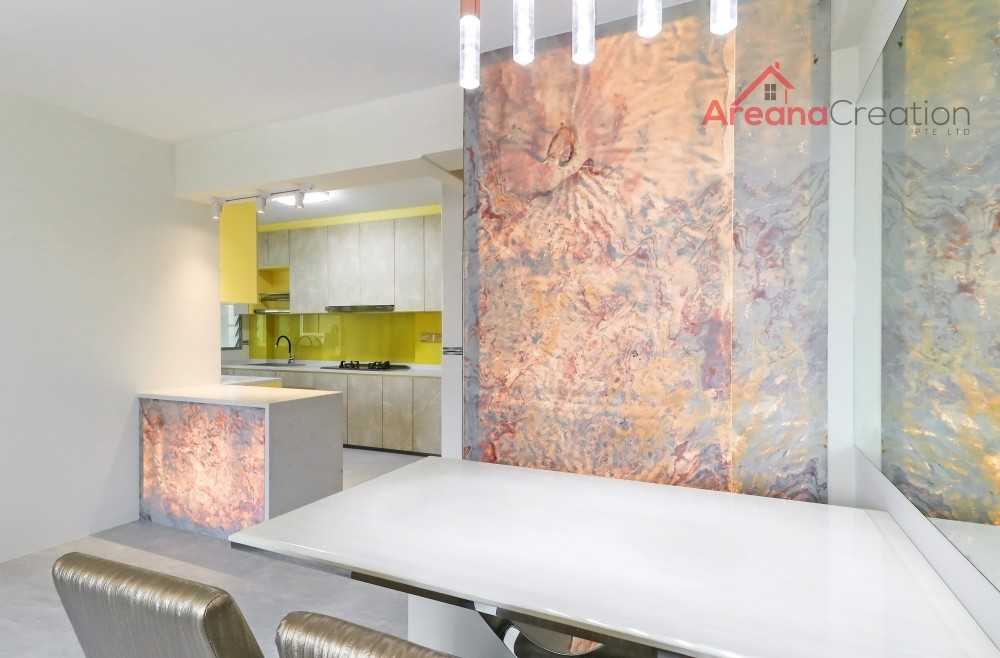Contemporary Dining Room with Drop Ceiling and Downlights
