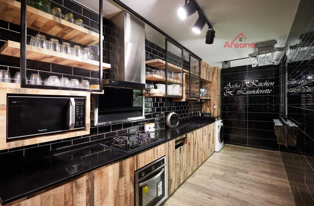 Industrial Kitchen with Wood Flooring and Kitchen Window