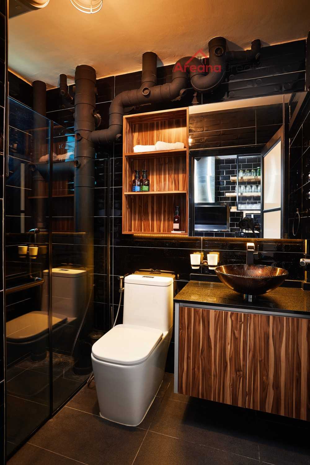 Industrial Bathroom with Wood Flooring and Mirror