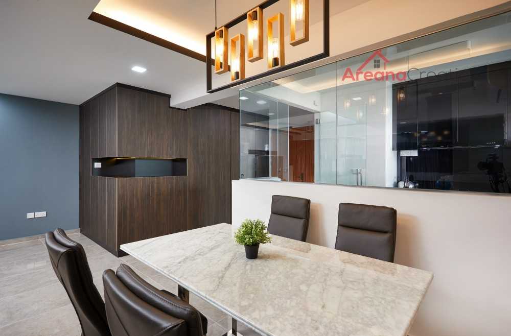Scandinavian Dining Room with Drop Ceiling and Downlights