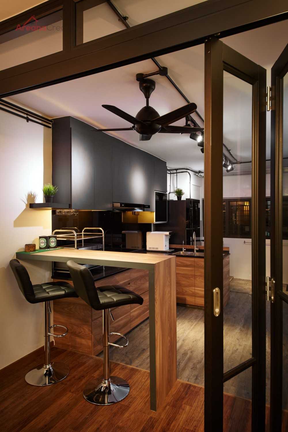 Industrial Kitchen with Wood Flooring and Kitchen Window