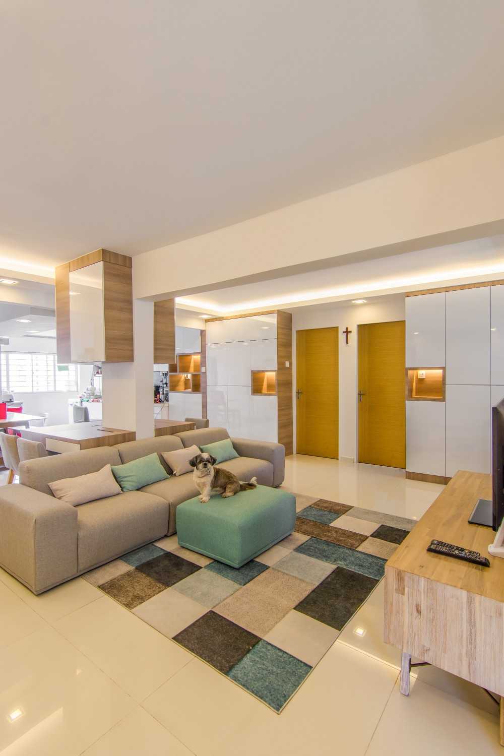 Scandinavian Living Room with Homogeneous Tiles and TV Console
