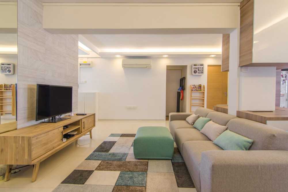 Scandinavian Living Room with Homogeneous Tiles and TV Console