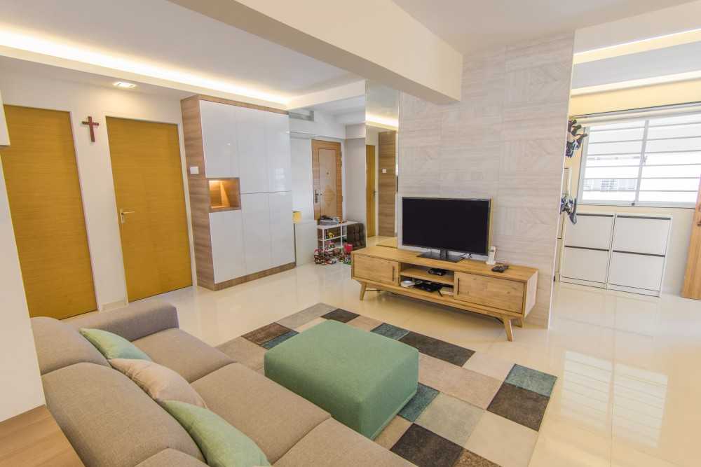 Scandinavian Living Room with Homogeneous Tiles and TV Console