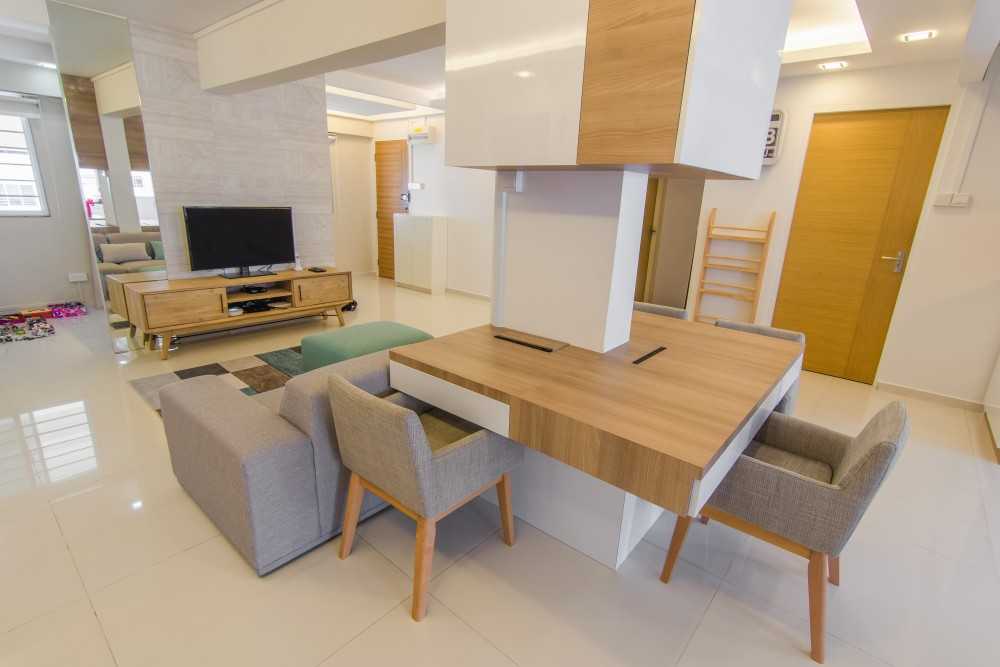 Scandinavian Living Room with Homogeneous Tiles and Feature Wall