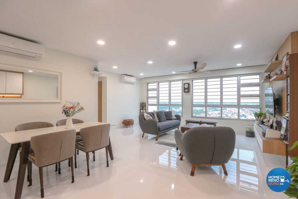 Contemporary Living Room with Herringbone Tiling and TV Console